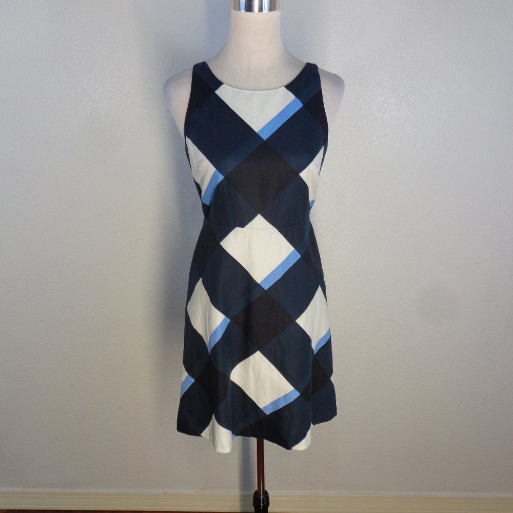 Ann Taylor Petite 2P Blue White Geomtric Dress Halter tie Diamond square Design